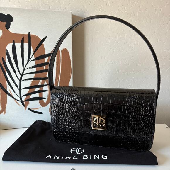 Anine Bing Elly Shoulder Bag Croc Embossed Black Leather Purse - Picture 1 of 10